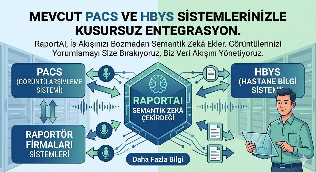 RaportAI Entegrasyon Semasi - PACS, HBYS, Raportor Firmalari